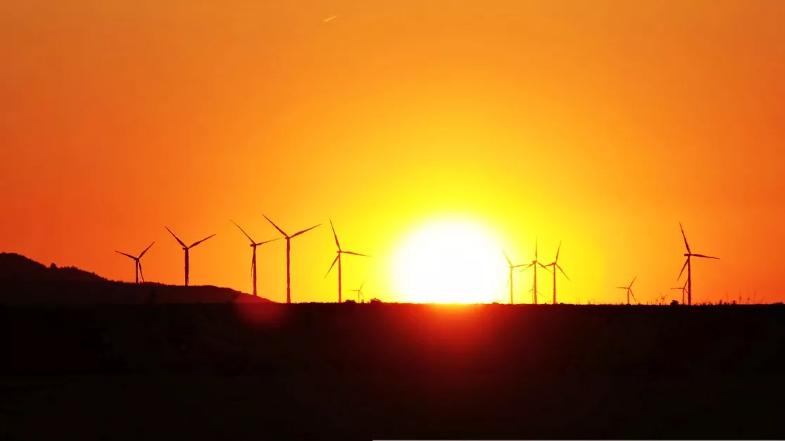 Pôr do sol em meio a turbinas éolicas