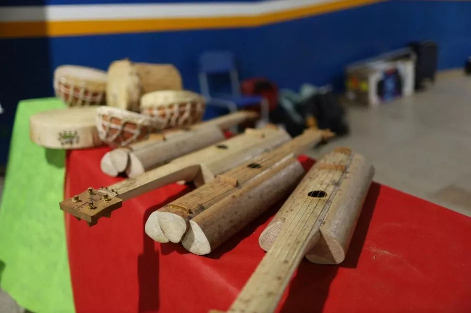 Violas de buriti e instrumentos de percussão